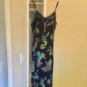 Tropical long navy blue dress